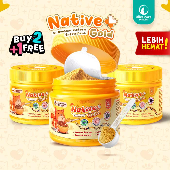 Gambar [Bundling] Olive Care Vitamin Kucing NATIVE+ GOLD 110gr Protein Tinggi GOLDEN POWDER untuk Nafsu Makan, Berat Badan, Gembul, Kulit Sehat, Cegah Bulu Rontok, Imunitas, Daya Tahan Tubuh, Kesehatan Pencernaan, dan Pelengkap Nutrisi Makanan Harian Kucing - GOLD 3pcs dari Olive Care_NEW undefined Tokopedia