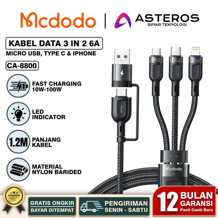 Gambar MCDODO Kabel Charger 3 IN 1 iPhone Type C Micro PD Fast Charging 100w - CA-8800 3 IN 2 dari ASTEROS OFFICIAL undefined Tokopedia