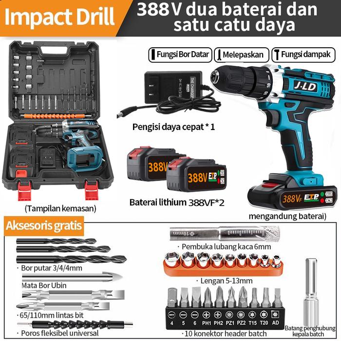 Gambar Mesin Bor Baterai / Cordless Drill Bor Tangan / Impact Drill Listrik - - 388VF 2 Baterai dari FOGOOID undefined Tokopedia