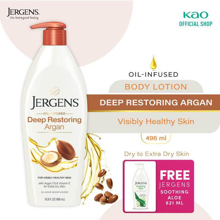 Gambar Jergens Oil Infused Restoring Argan 496ml + Free Jergens -Extra Dry Body Lotion +Gift - Soothing Aloe dari KAO Indonesia undefined Tokopedia