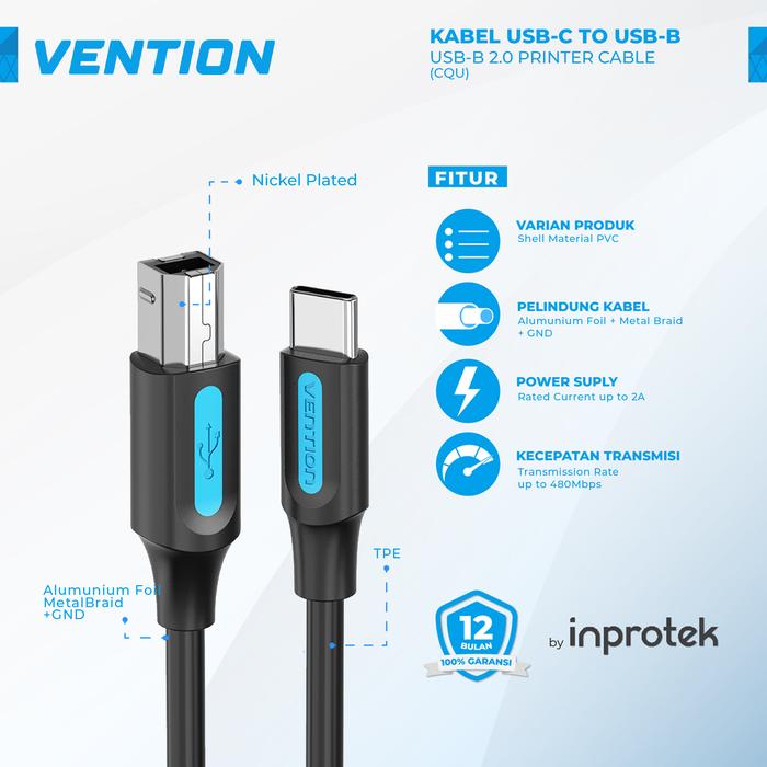 Gambar Vention Kabel USB-C to USB-B 2.0 Printer Cable Scanner for Epson Canon - CQU, 0.5 Meter dari Inprotek undefined Tokopedia