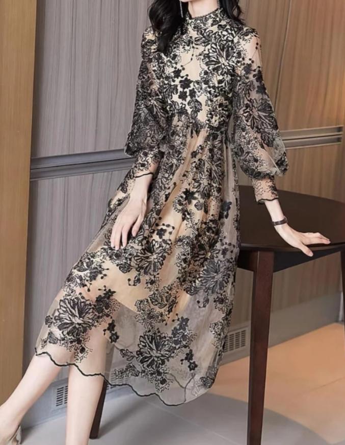 midi dress korean style V Neck Floral Chiffon Long Dress / Long Sleeve Spring Summer Midi Dress / Korean Style Feminin Midi
