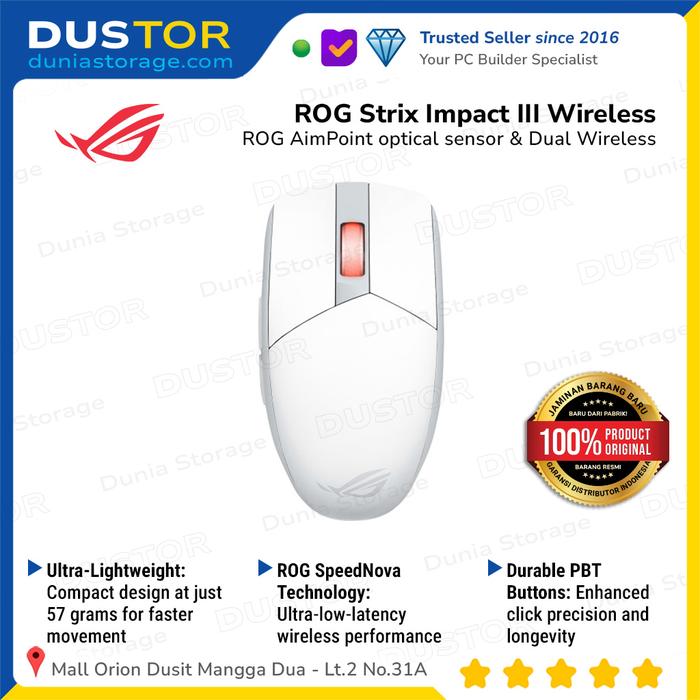 Gambar ASUS ROG Strix Impact III Wireless Ultralight 57-gram Compact Gaming Mouse with ROG SpeedNova Wireless Technology - MOONLIGHT WHITE dari Dunia Storage Komputer undefined Tokopedia