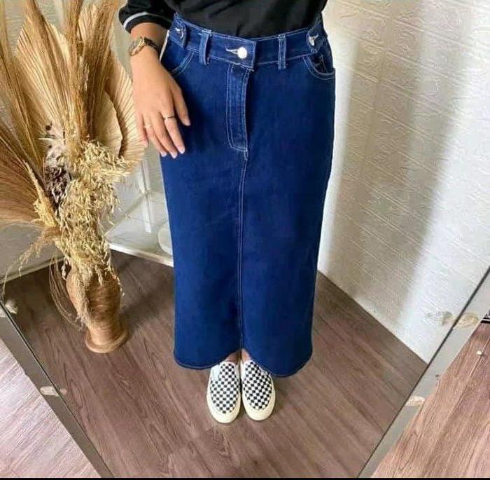 Gambar Rok Jeans Span Theana Pinggang Karet - Biru dari FARIS GROSIR Store undefined Tokopedia