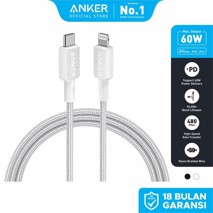 Gambar Kabel Charger Anker 322 USB-C to Lightning Cable (6ft Braided) - A81B6 - Putih dari Anker Bali undefined Tokopedia