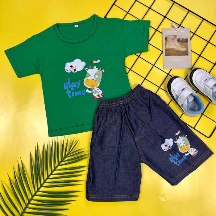 Gambar 5297 | Setelan jeans anak cowok / baju anak cowok celana jeans Playtime Cow | Umur 2 - 3 tahun - Hijau Terang  dari Bore Bore Kids undefined Tokopedia