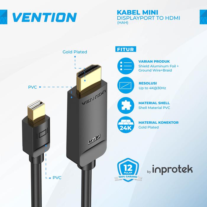 Gambar Vention Kabel Mini DisplayPort to HDMI 4K - 4K@30Hz, 2 Meter dari Inprotek Kota Administrasi Jakarta Barat Tokopedia