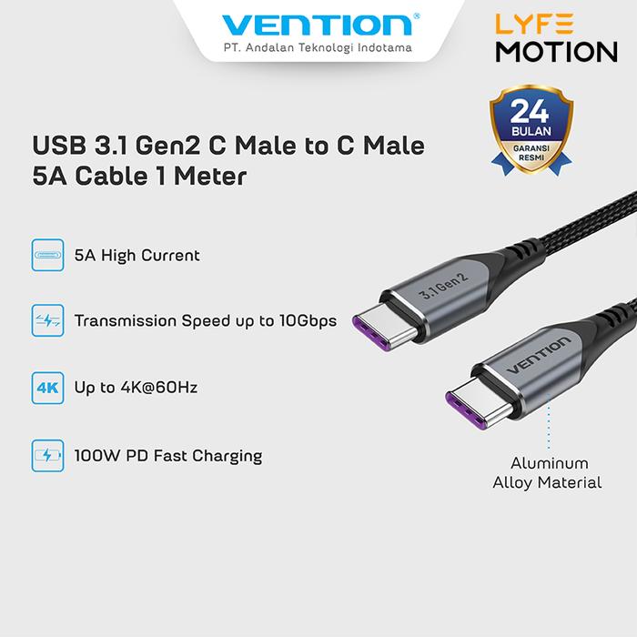 Gambar Vention Kabel Data USB Gen2 Thunderbolt 3 Type C to C 5A 100W PD - TAH - 0.5M dari Vention Mobile & Comp undefined Tokopedia