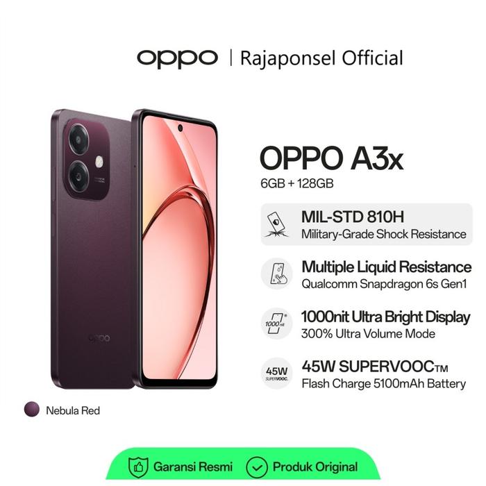 Gambar OPPO A3x RAM 6/128GB Chipset Snapdragon 6s 4G Gen1 Tahan Benturan dan Air 45W Supervooc Charging Screen Camera - Nebula Red dari Unicell BEC undefined Tokopedia