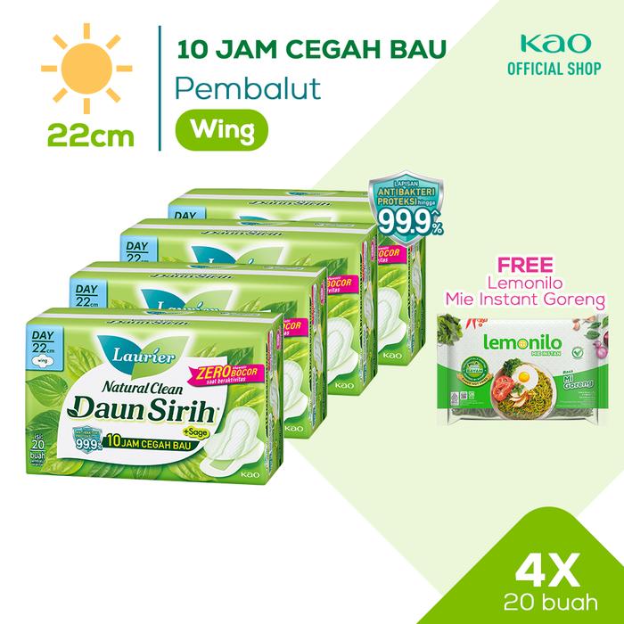 Gambar [Laurier x Lemonilo] Laurier Natural Clean 20s Fourpack - Pembalut Daun Sirih Wing 22 cm + Gift Mie Instan Goreng dari KAO Indonesia undefined Tokopedia
