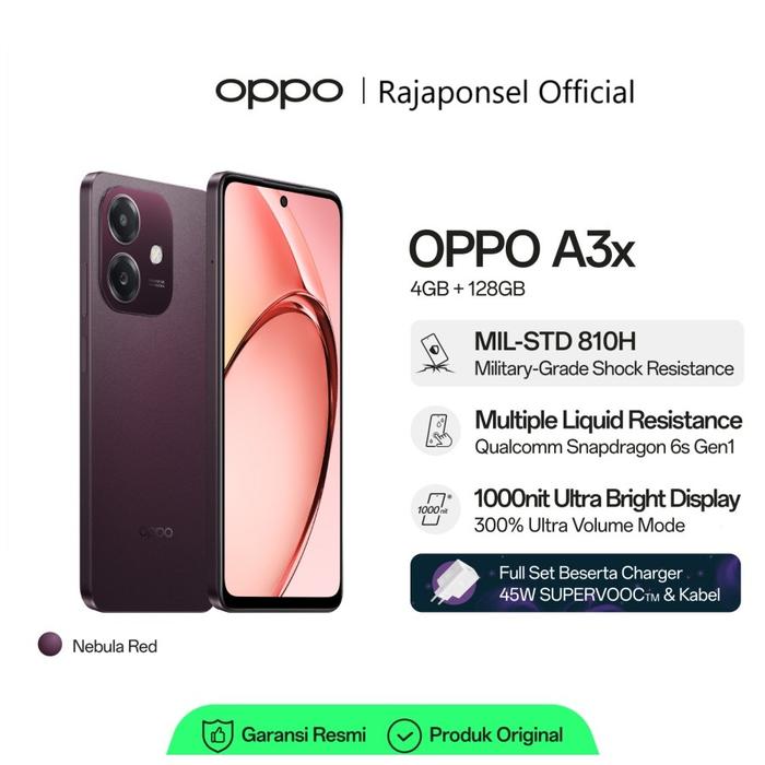 Gambar OPPO A3x RAM 4/128GB Chipset Snapdragon 6s 4G Gen1 Tahan Benturan dan Air 45W Supervooc Charging Screen Camera - Nebula Red dari Unicell BEC undefined Tokopedia