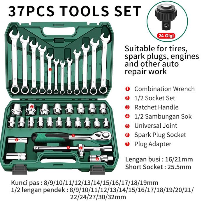 Gambar ISKU Toolkit 3/8" Kunci Sok Set 30pcs 6PT 3/8" 1/4" Mata Sock 4-19mm - 37pcs-24gigi dari ISKU store undefined Tokopedia