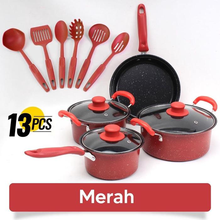 Gambar BEBEHOME PERALATAN MASAK LENGKAP 13 PCS DALAM 1 SET | COOKWARE PANCI SET | WAJAN PENGGORENGAN SPATULA SET ISI 13PCS | 1 SET FRYPAN SAUCEPAN - MERAH, 13PCS 1SET dari fira12store undefined Tokopedia