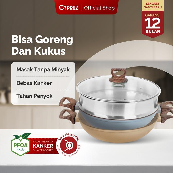 Gambar Cyprz Wajan Kuali Anti Lengket Wok Pan Dengan Tutup Hercules 30cm - Nude dari Cypruz Kitchenware undefined Tokopedia