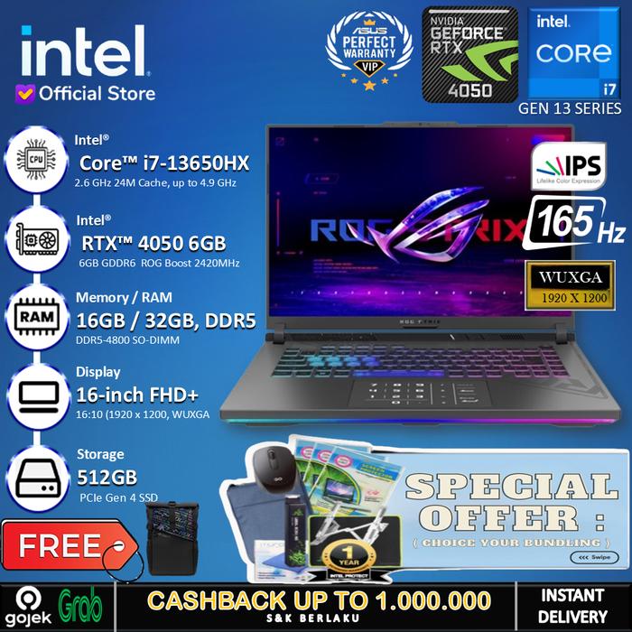 Gambar ASUS ROG Strix G16 G614JU RTX4050 i7-13650HX 16/32GB 512 SSD w11 165HZ - Non Bundling , 16GB + 11 HOME dari INTEL STORE ID undefined Tokopedia