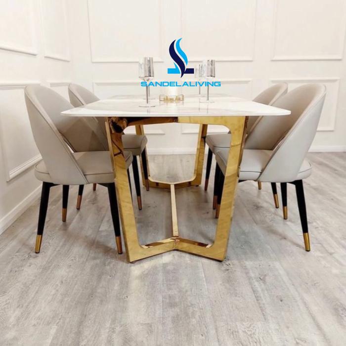 Gambar Meja makan stainles gold Lavies, meja makan 4 kursi - Marmer cream  dari sandelaliving undefined Tokopedia