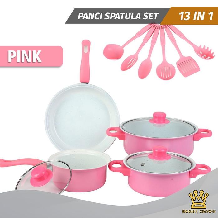 Gambar KB by Bright Crown Cookware 13in1 Panci Set Stainless 7pcs Tutup Kaca Spatula isi 6pcs Multifungsi - Set13in1-Pink dari Mesiyah store undefined Tokopedia