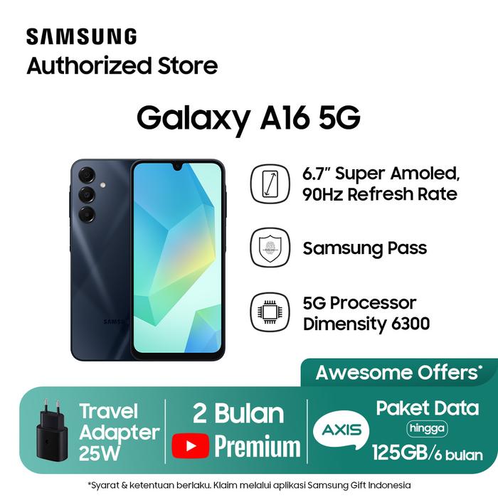 Gambar Samsung Galaxy A16 5G 8/256GB Dimensity 6300, Super AMOLED + 90Hz Refresh Rate, 50.0 MP Rear Camera, 13 MP Front Camera, 25W Fast Charging - Bluetooth - Blue Black dari Atlantic - Mobile Authorized undefined Tokopedia