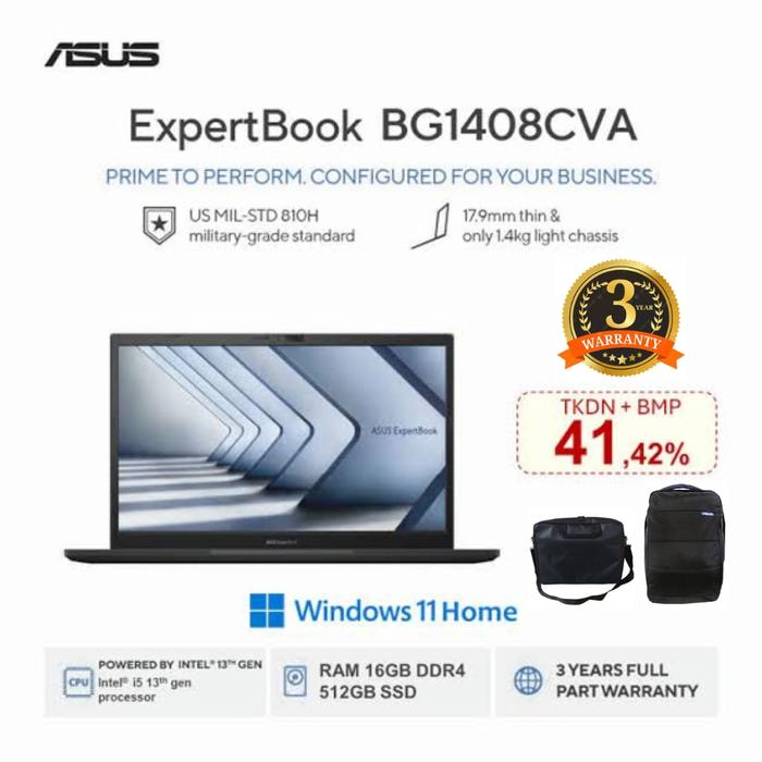 Gambar Asus Expertbook BG1408CVA TKDN i5-1335u 8GB / 16GB SSD 512GB 14.0 WIN 11 Resmi 3 Tahun - 8GB/SSD 512GB, Windows 11 Home dari aura technology undefined Tokopedia