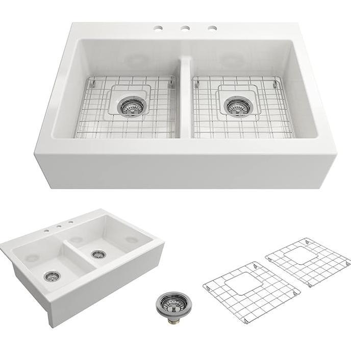 Gambar Diskon Bocchi Nuova Apron Front DropIn Fireclay 34 In. 5050 Double Bowl Kitchen Sink With Protective Bottom Grids And Strainers In White dari Homes Malls undefined Tokopedia