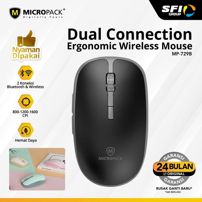 Gambar MICROPACK MOUSE WIRELESS ERGONOMIC DESIGN 800-1200-1600 REAL DPI Silent Click Dongle USB A + Bluetooth (MP-729B) Computer - Hitam dari Micropack Indonesia undefined Tokopedia