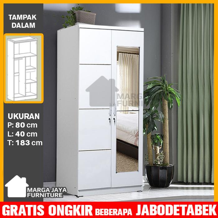 Gambar lemari pakaian baju 2 pintu + kaca + laci minimalis - Putih, Belum Dirakit dari Toko Marga Jaya Furniture_NEW undefined Tokopedia