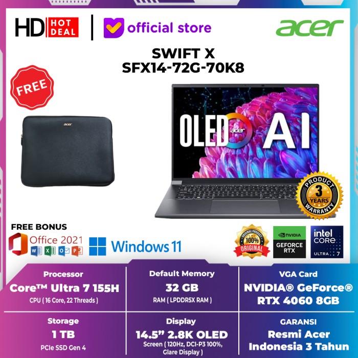 Gambar ACER SWIFT X SFX14-72G-70K8 GREY ULTRA 7-155H RTX4060 32GB 1TB W11+OHS - NON BUNDLE dari HotdealComp Surabaya undefined Tokopedia