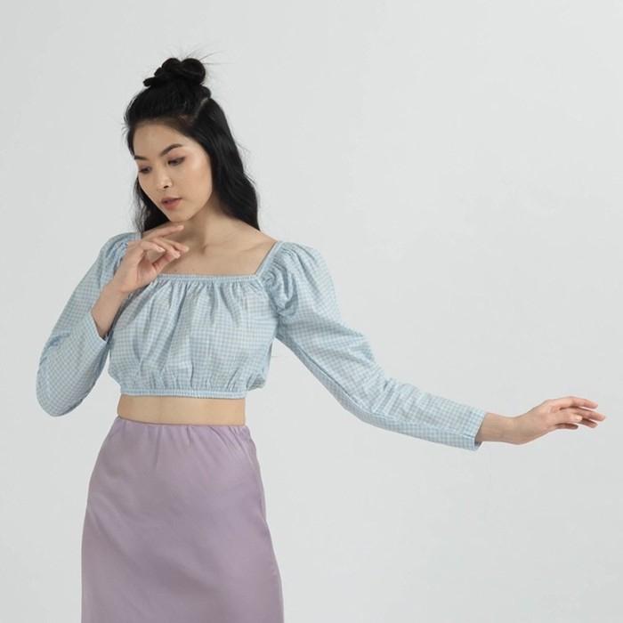 Yuan Market Palm Spring Top Baby Blue Gingham Checkered Pastel Long Sleeve  Crop Blouse Fashion Wanita