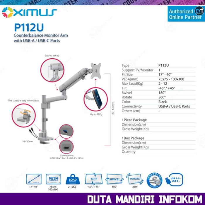 Gambar Oximus P112U P212U - Bracket Single & Dual Monitor Support 17" - 40" Inch I Heavy Duty Mechanical Spring Monitor Arm with USB-Port Topside instalation no more crawling under desk - Oximus P112U dari Duta Mandiri Infokom undefined Tokopedia