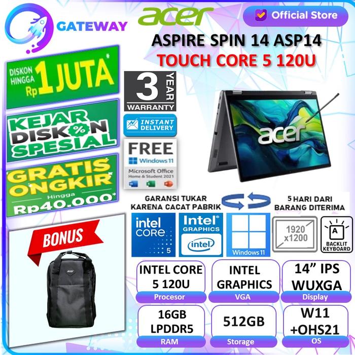 Gambar Acer Aspire Spin ASP14 Touch Core 5 120U 16GB 512GB W11 OHS 14" WUXGA - NON BUNDLING dari Gateway Indonesia Comp undefined Tokopedia