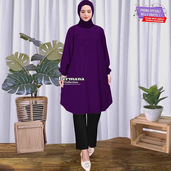 Gambar Baju Atasan Tunik Wanita Kemeja Lengan Panjang Cream Tua Jumbo Dewasa - Ungu, L dari Permanacoll undefined Tokopedia