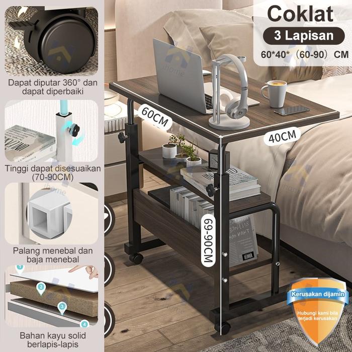 Gambar Meja Samping Tempat Tidur yang Dapat Digerakkan dan Dinaikkan Turunkan, Meja Kecil untuk Kamar Tidur, Rumah Tangga, Ruang Tamu, Sofa, Teras, dan Asrama, Meja untuk Orang Malas, Meja Laptop - 3L-Cokelat/60CM dari Nano Home Studio undefined Tokopedia