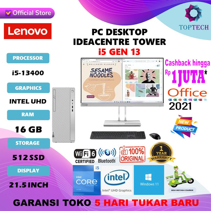 Gambar Lenovo PC Desktop IdeaCentre Tower 14IRR9 i5 13400 8GB 512GB SSD MONITOR 21.5" W11 OHS - Windows 11 Home, 8GB dari Top Tech Comp undefined Tokopedia
