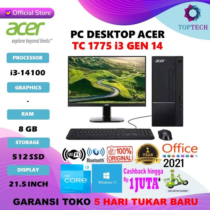 Gambar ACER PC DESKTOP TC 1775 i3 14100 8GB 512GB W11 OHS + FREE MONITOR LED 21.5" - Windows 11 Home dari Top Tech Comp undefined Tokopedia