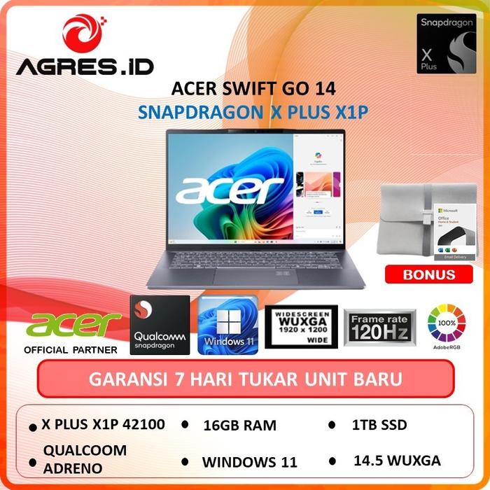 Gambar ACER Swift GO 14 AI SFG14 Snapdragon X Plus X1P 42100 16GB 1TB w11 14" 120hz - Non Bundle, WINDOWS 11 HOME dari AGRES ID undefined Tokopedia