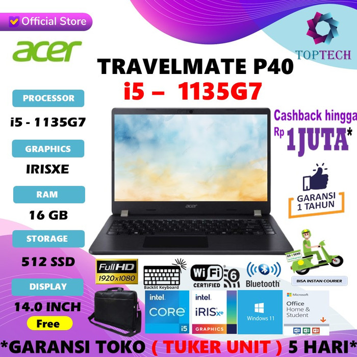 Gambar ACER TRAVELMATE P40-53 Core i5 1135G7 16GB 512GB 14.0FHD W11 FREE OFFICE - Non Bundling, 8gb dari Top Tech Comp undefined Tokopedia