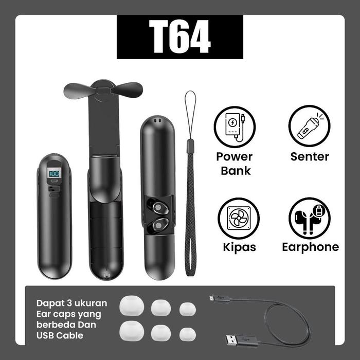Gambar Headset LED Kipas Powerbank 4 In 1 Wireless Earphone Mini Fan Flashlight Powerbank - T64 - T64 - Black dari Kipas Angin Usb undefined Tokopedia