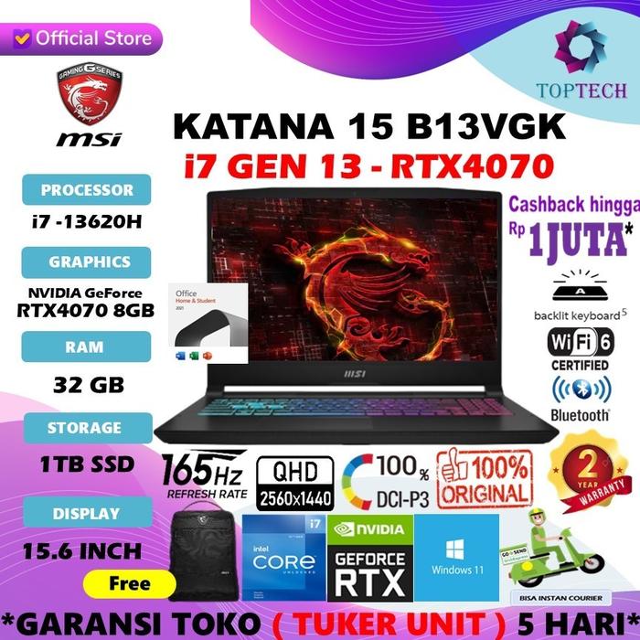 Gambar MSI KATANA 15 B13VGK RTX4070 8GB Core i7 13620H 32GB 1TB W11+OHS 15.6" QHD 165Hz - Non Bundling, 16gb dari Top Tech Comp undefined Tokopedia