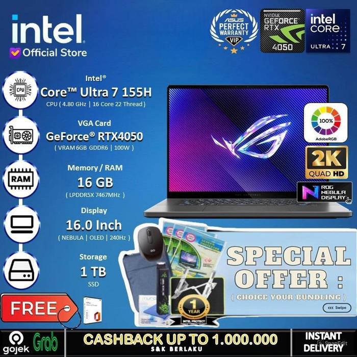 Gambar Asus ROG Zephyrus G16 OLED GU605MU - RTX4050 Ultra 7 155H 16GB 1TB SSD - Non Bundle, Windows 11 HOME dari INTEL STORE ID undefined Tokopedia