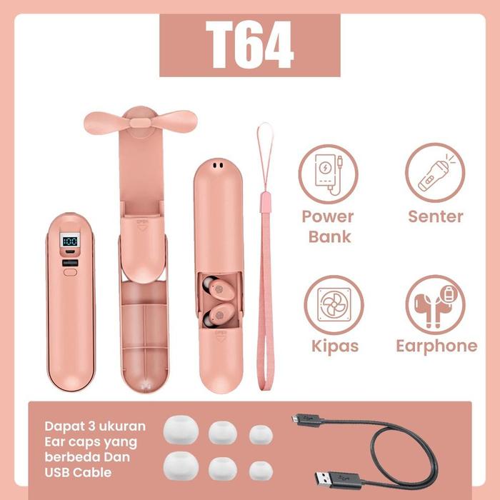 Gambar KODE P69N Jovitech Headset LED Kipas Powerbank 4 In 1 Wireless Earphone Mini Fan Flashlight Powerbank T64 - T64 - Pink dari Kipas Angin Usb undefined Tokopedia