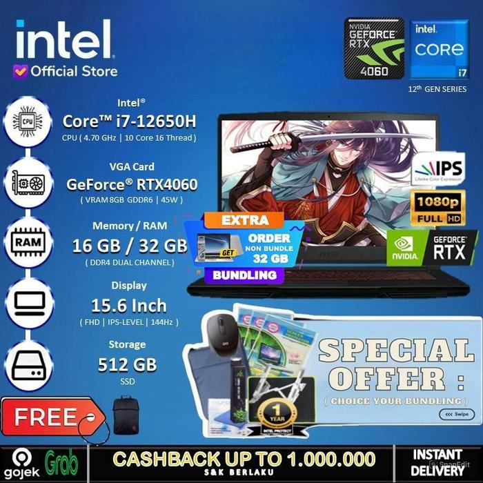 Gambar MSI GF63 Thin 12VF -  RTX4060 I7 12650H 16GB 512SSD 15.6" FHD IPS W11 - Non Bundle, 16 GB dari INTEL STORE ID undefined Tokopedia