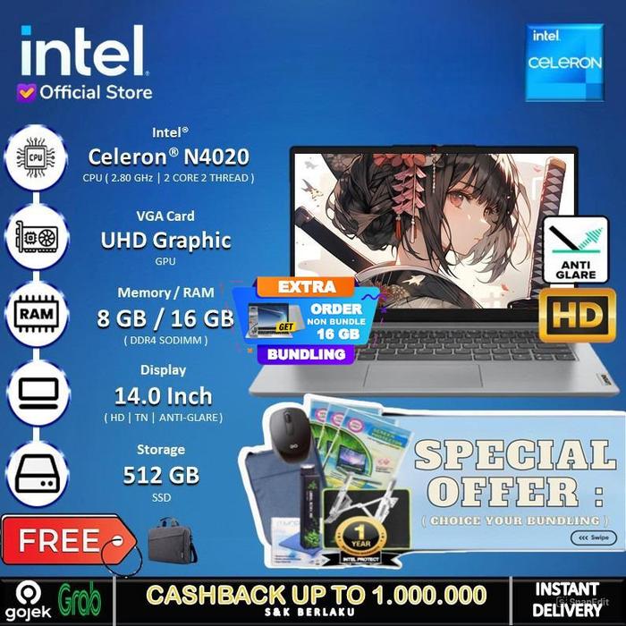 Gambar Lenovo Ideapad Sim 1 - Celeron N4020 RAM 8GB 512GB SSD 14" HD DOS - BUNDLE LARGE, 8GB + W11 HOME dari INTEL STORE ID undefined Tokopedia