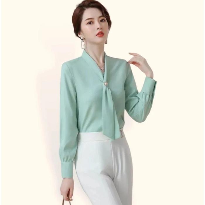 Gambar KEMEJA LENGAN PANJANG LOVINA FASHION KOREA STYLE PREMIUM DASI SYAL LEHER BAJU ATASAN KERJA KANTOR PESTA FORMAL CASUAL KEKINIAN MODIS ELEGAN TRENDY MASA KINI MODEL TERBARU CANTIK MEWAH EXECUTIVE - Hijau, M/L dari cbshopstore undefined Tokopedia
