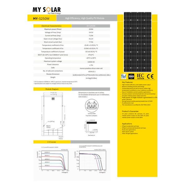 Mysolar Panel Surya Monocristaline 200Wp 250Wp High Performance - 200Wp