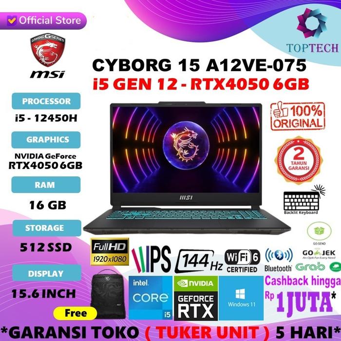 Gambar MSI Cyborg 15-A12VE RTX4050 i5 12450H 16GB 512SSD 15.6FHD 144Hz W11 - 16GB, NON BUNDLING dari Top Tech Comp undefined Tokopedia