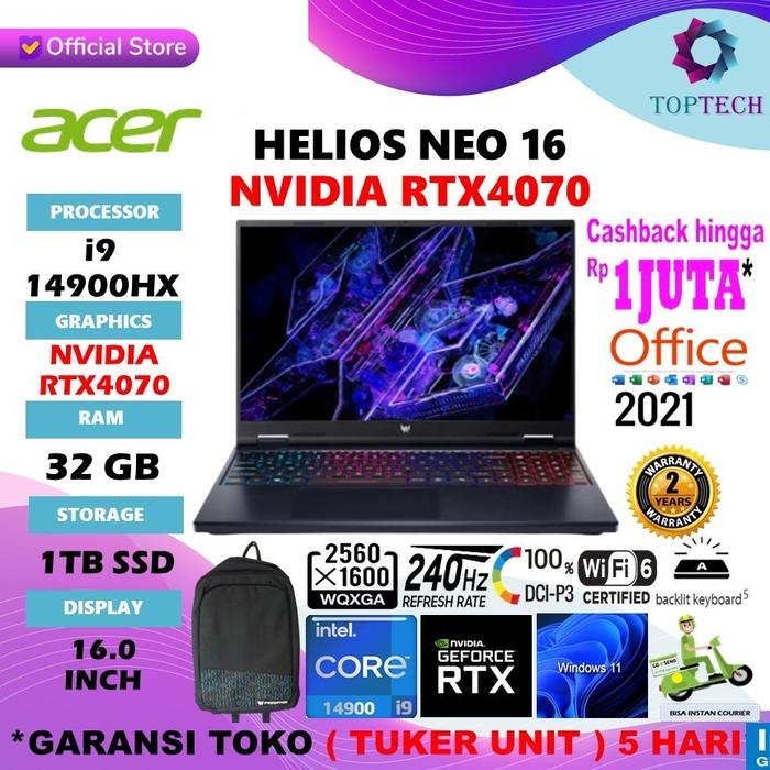 Gambar Acer Predator Helios Neo 16 RTX4070 i9 14900HX 32GB 1TB 16" WQXGA 240Hz OHS W11 - Non Bundling, 32gb dari Top Tech Comp undefined Tokopedia