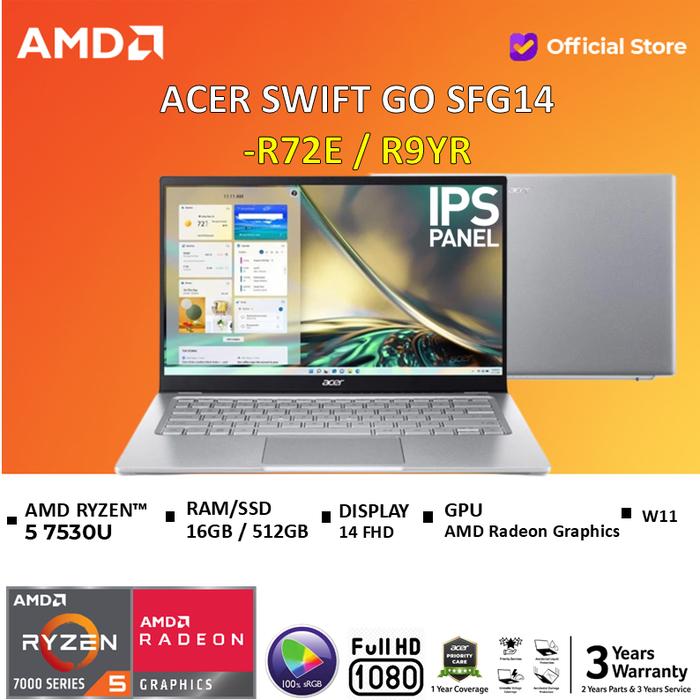 Gambar ACER SWIFT GO (SFG14-41) RYZEN 5 7530U 16GB 512SSD W11+OHS 14FHD -R8RK - Pure Silver, Tanpa Antigores dari AMD Official Store undefined Tokopedia