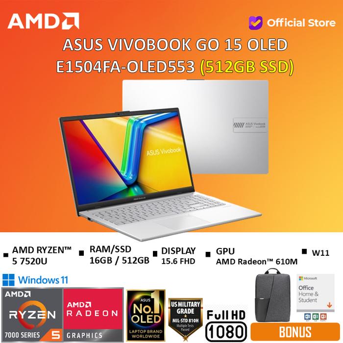 Gambar Asus Vivobook Go 15 OLED E1504FA Ryzen 5 7520U 16GB 512GB W11+OHS FHD - 16GB/CoolSilver, Standard dari AMD Official Store undefined Tokopedia