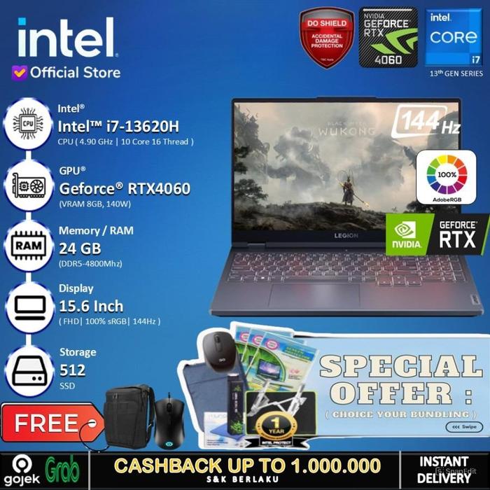 Gambar Lenovo Legion 5 15IRX9 - RTX4060 I7 13650HX 24GB 512GB SSD 15.6" 100%sRGB - Non Bundle, Windows 11 HOME dari INTEL STORE ID undefined Tokopedia