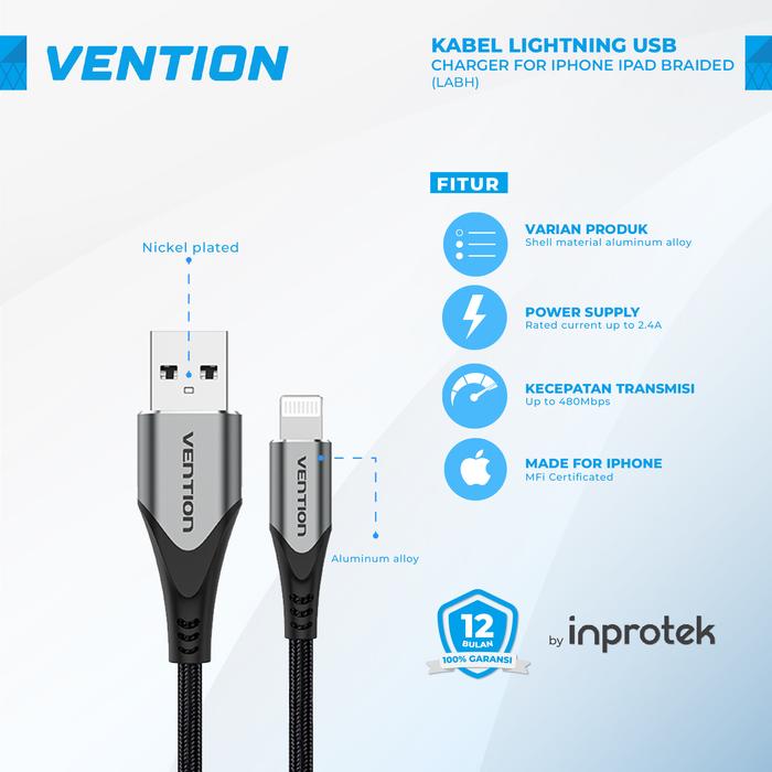 Gambar Vention Kabel Lightning USB Apple Charger for iPhone iPad Braided - LAB Gray, 0.5 Meter dari Inprotek undefined Tokopedia